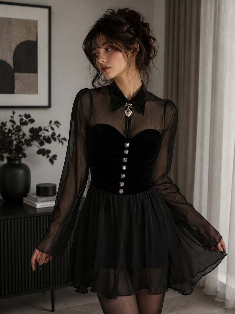 Vintage Platinum Sheer Velvet Babydoll Top Whimsigoth Dark Academia Y2K Petite - Picture 1 of 12